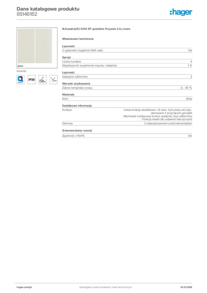 Zdjęcie Hager Karta katalogowa 85146182 | Hager Polska