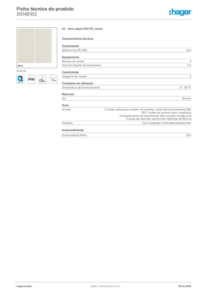 Imagem Hager Ficha técnica do produto 85146182 | Hager Portugal