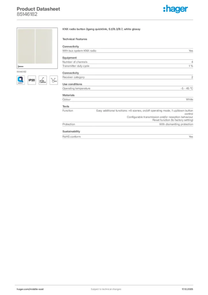 Image Hager Product data sheet 85146182  | Hager