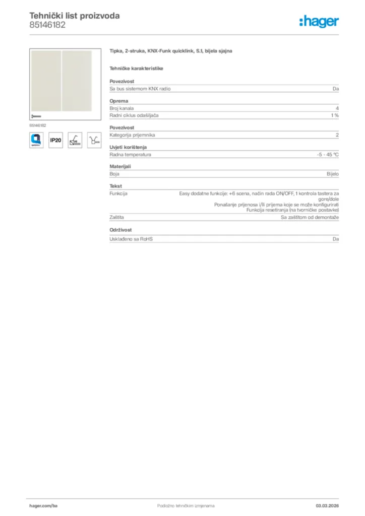 Slika Hager Tehnički list proizvoda 85146182  | Hager