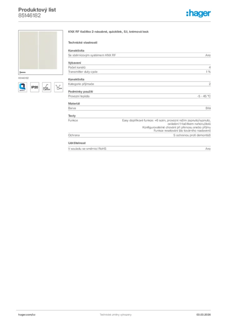 Obrázek Hager Product data sheet 85146182 | Hager