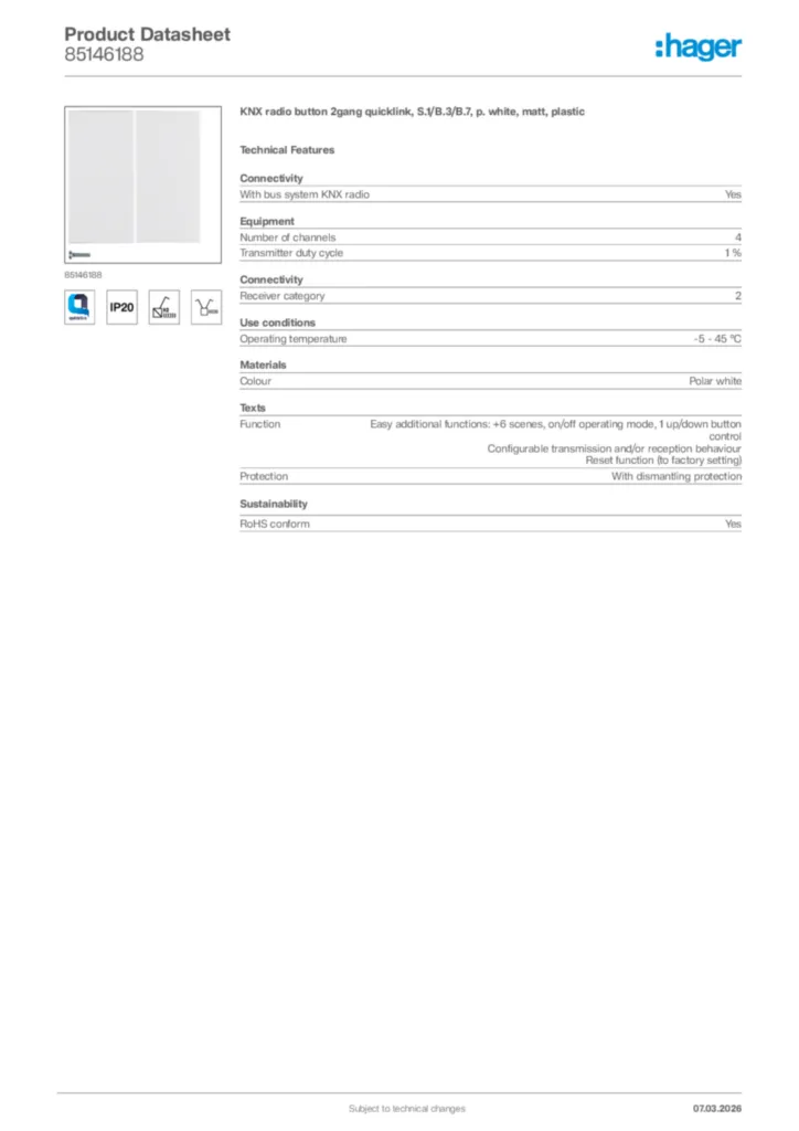 Image Hager Product data sheet 85146188  | Hager Africa