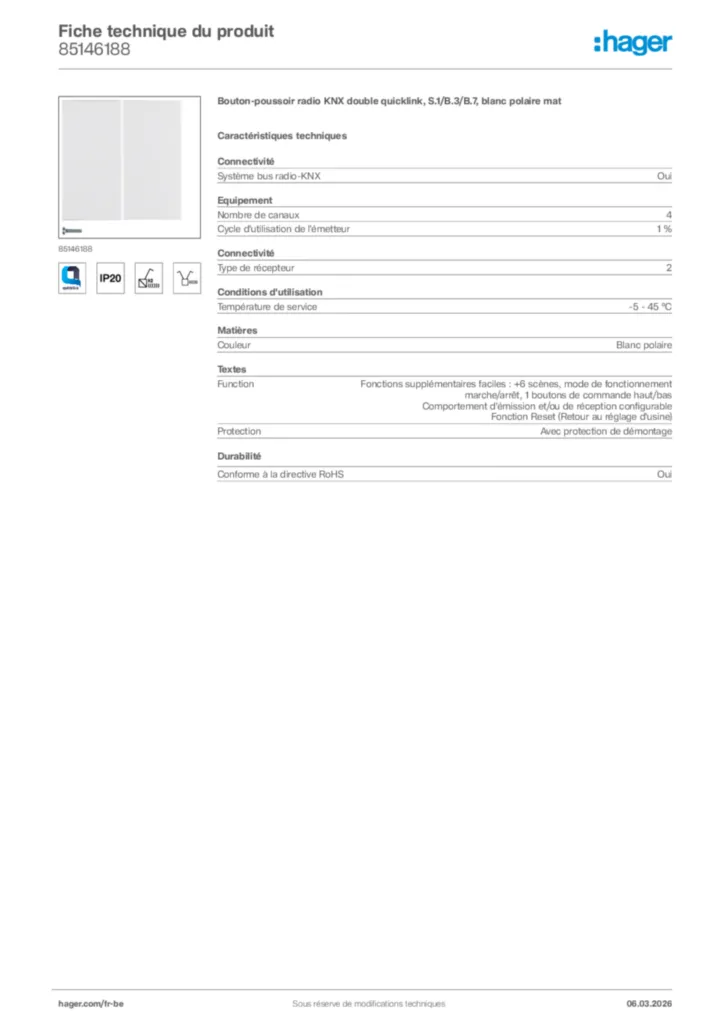 Image Hager Fiche technique du produit 85146188 | Hager Belgique