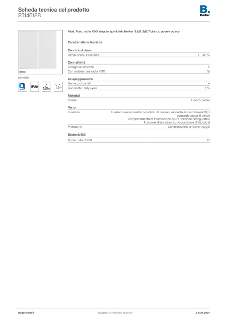 Immagine Berker Scheda tecnica del prodotto 85146188 | Hager Italia