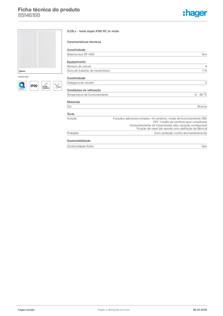 Imagem Hager Ficha técnica do produto 85146188 | Hager Portugal