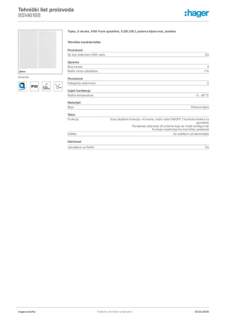 Slika Hager Tehnički list proizvoda 85146188  | Hager