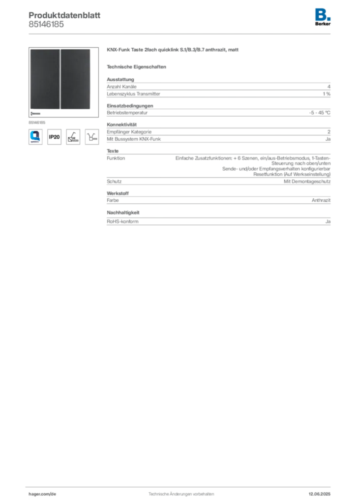 Bild Berker Produktdatenblatt 85146185 | Hager Deutschland