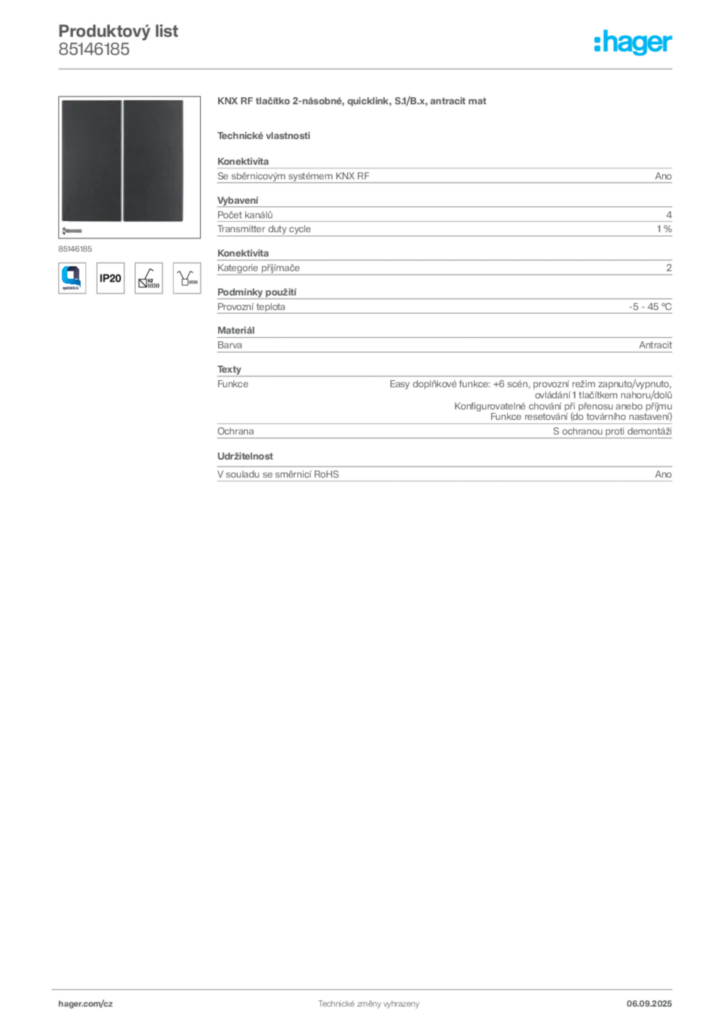 Obrázek Hager Produktový list 85146185 | Hager