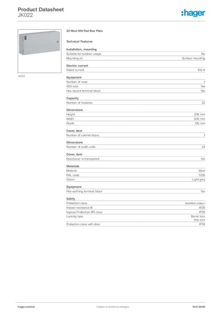Image Hager Product data sheet JK022  | Hager