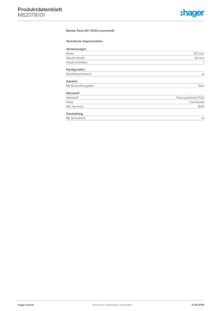Bild Hager Produktdatenblatt M62079001 | Hager Deutschland