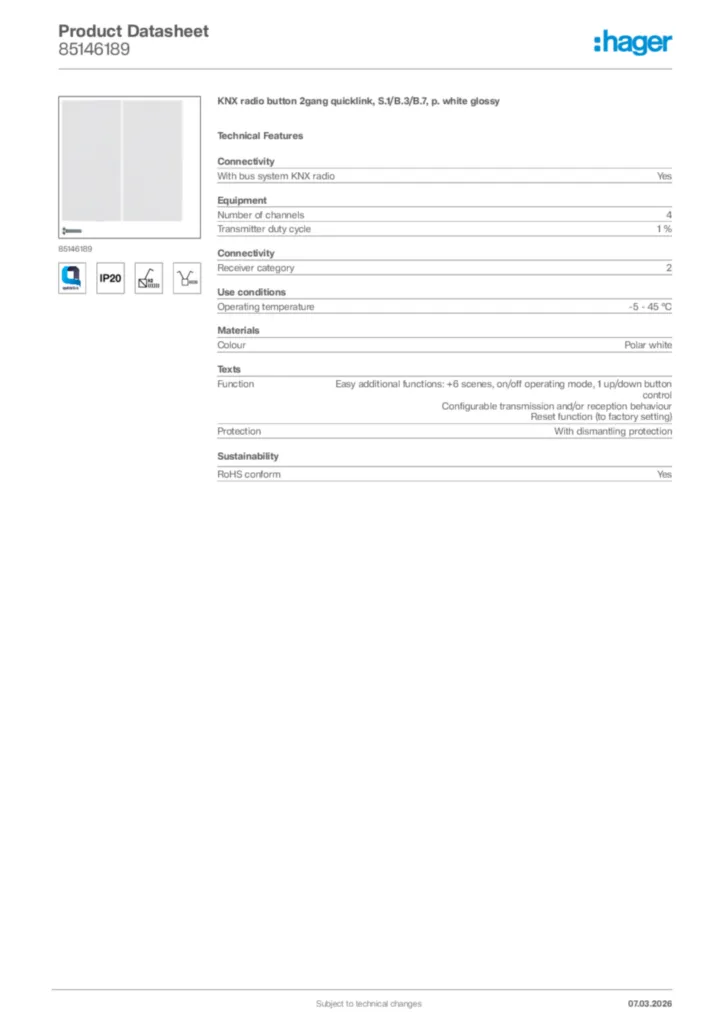 Image Hager Product data sheet 85146189  | Hager Africa