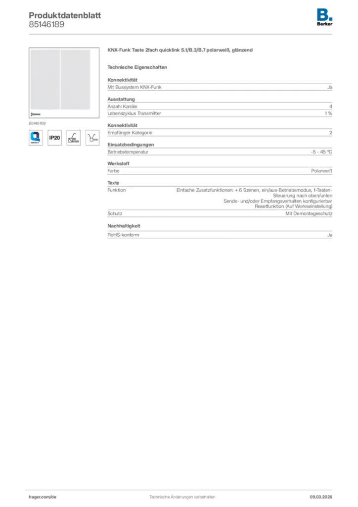 Bild Berker Produktdatenblatt 85146189 | Hager Deutschland