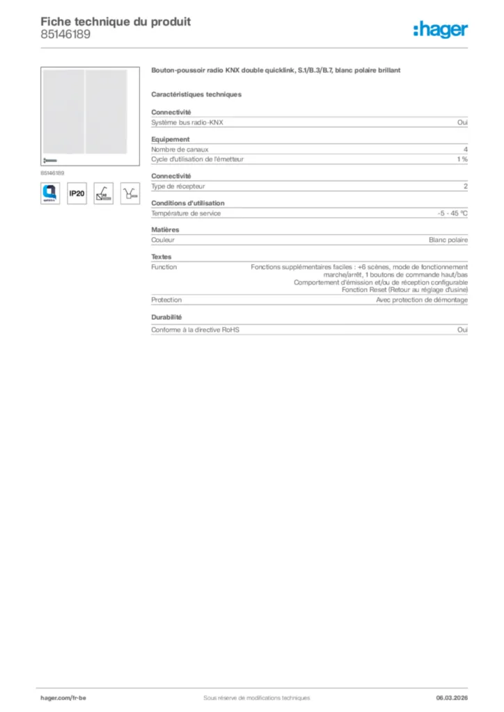 Image Hager Fiche technique du produit 85146189 | Hager Belgique