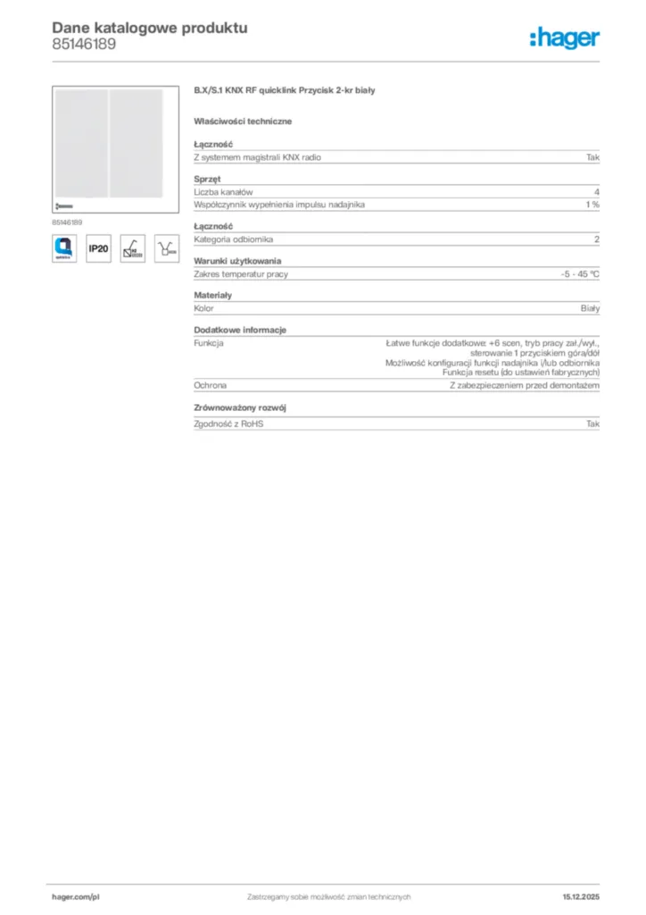 Zdjęcie Hager Karta katalogowa 85146189 | Hager Polska