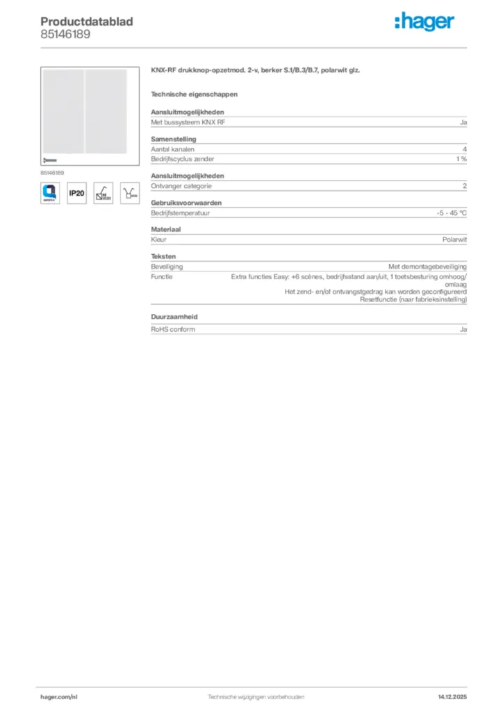 Afbeelding Hager Productdatablad 85146189 | Hager Nederland