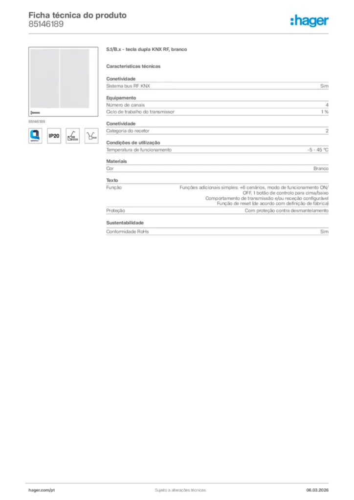 Imagem Hager Ficha técnica do produto 85146189 | Hager Portugal