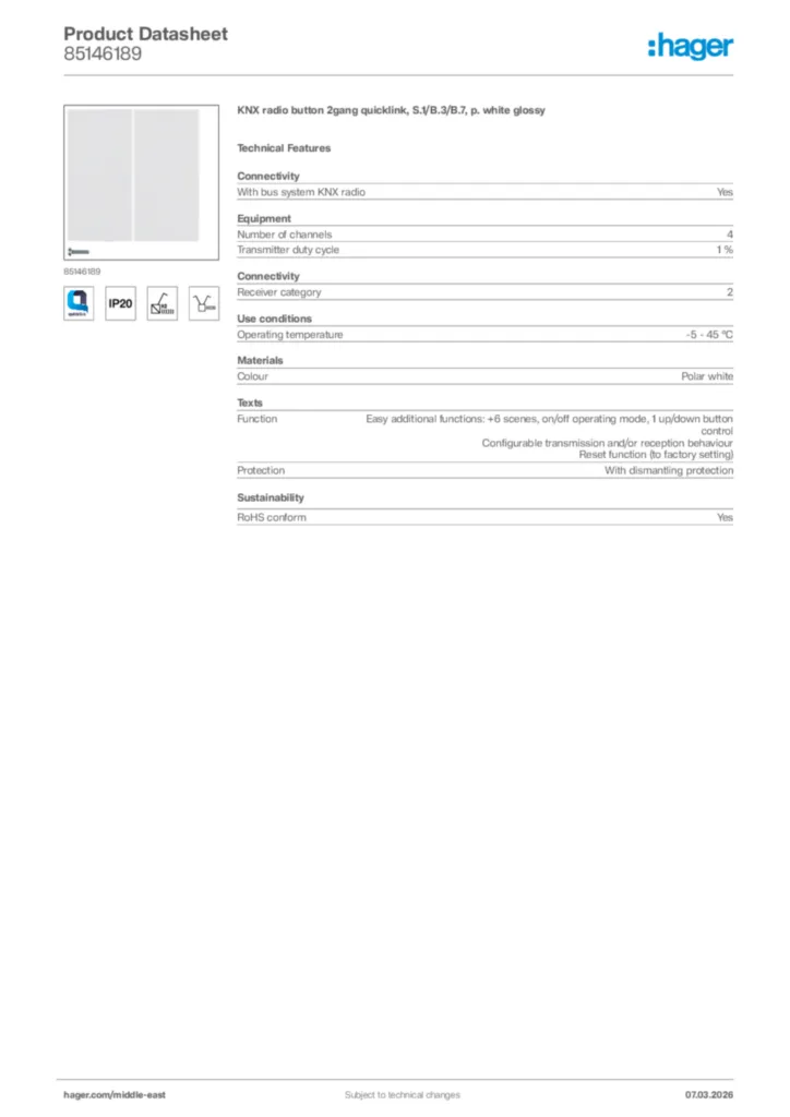 Image Hager Product data sheet 85146189  | Hager