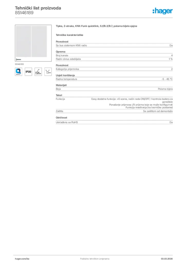 Slika Hager Tehnički list proizvoda 85146189  | Hager