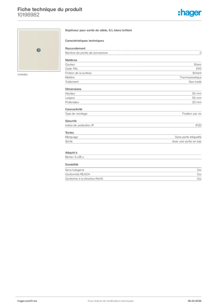 Image Hager Fiche technique du produit 10198982 | Hager Belgique