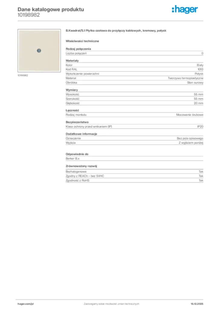 Zdjęcie Hager Karta katalogowa 10198982 | Hager Polska