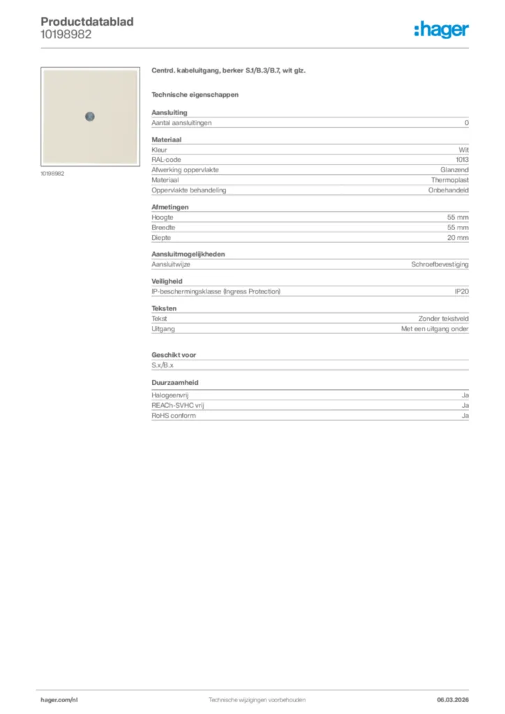 Afbeelding Hager Productdatablad 10198982 | Hager Nederland