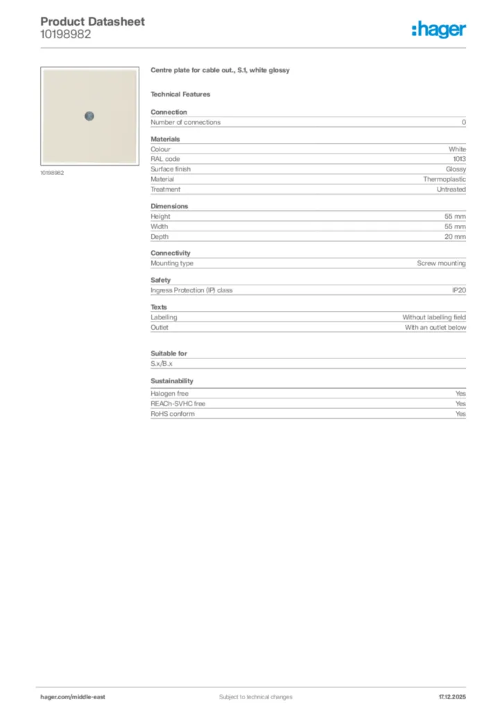 Image Hager Product data sheet 10198982  | Hager
