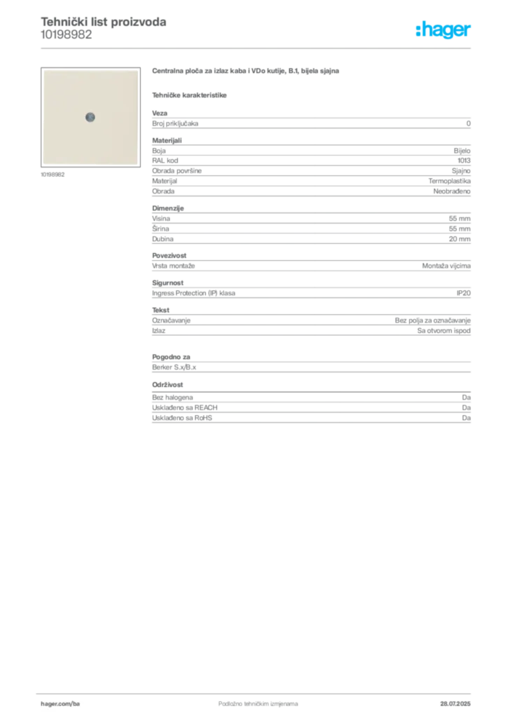 Slika Hager Product data sheet 10198982  | Hager