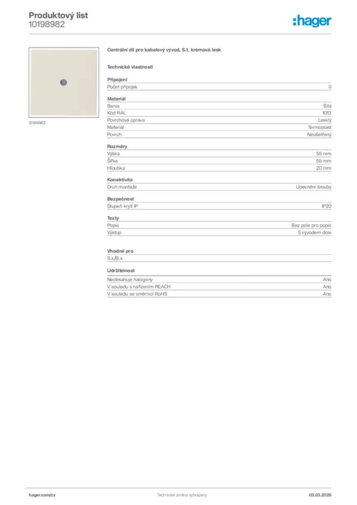 Obrázek Hager Product data sheet 10198982 | Hager
