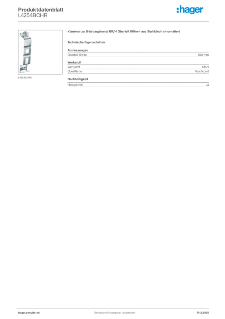 Bild Hager Produktdatenblatt L4254BCHR | Hager Schweiz