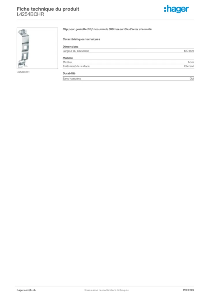 Image Hager Fiche technique du produit L4254BCHR | Hager Suisse