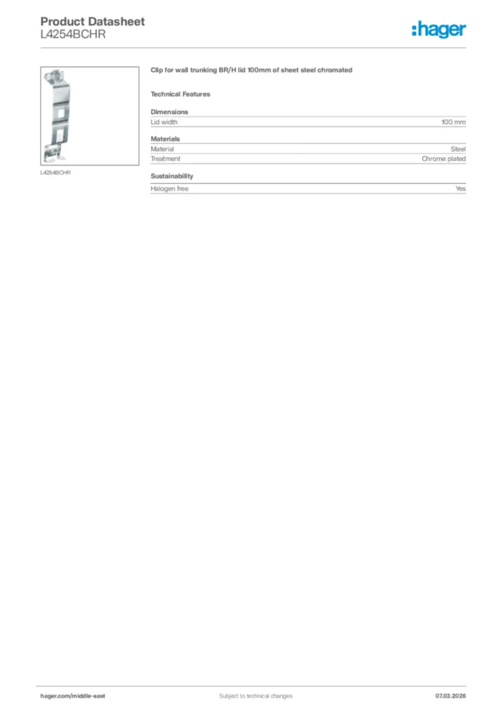 Image Hager Product data sheet L4254BCHR  | Hager