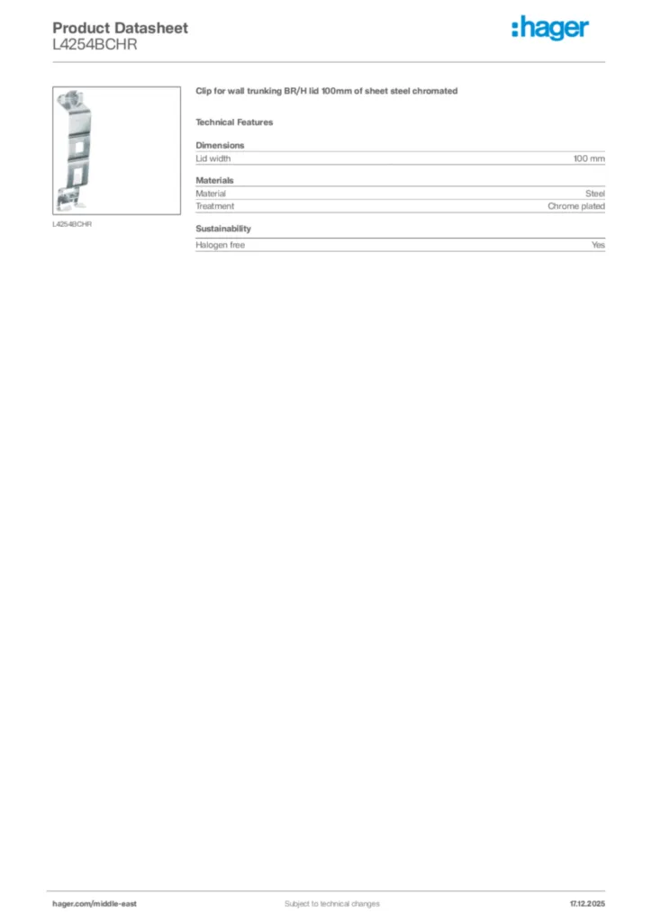 Image Hager Product data sheet L4254BCHR  | Hager