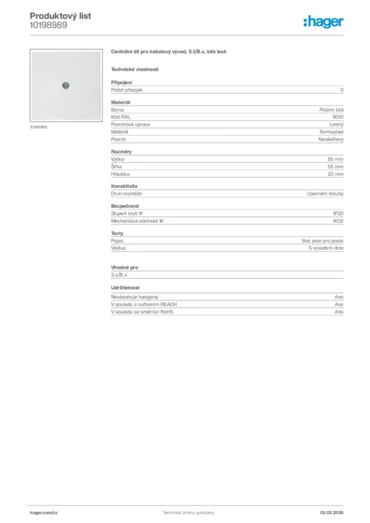 Obrázek Hager Product data sheet 10198989 | Hager