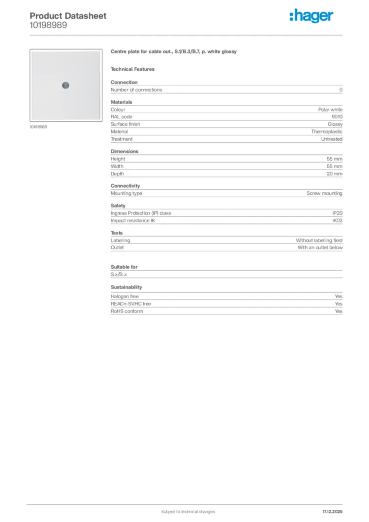 Image Hager Product data sheet 10198989  | Hager