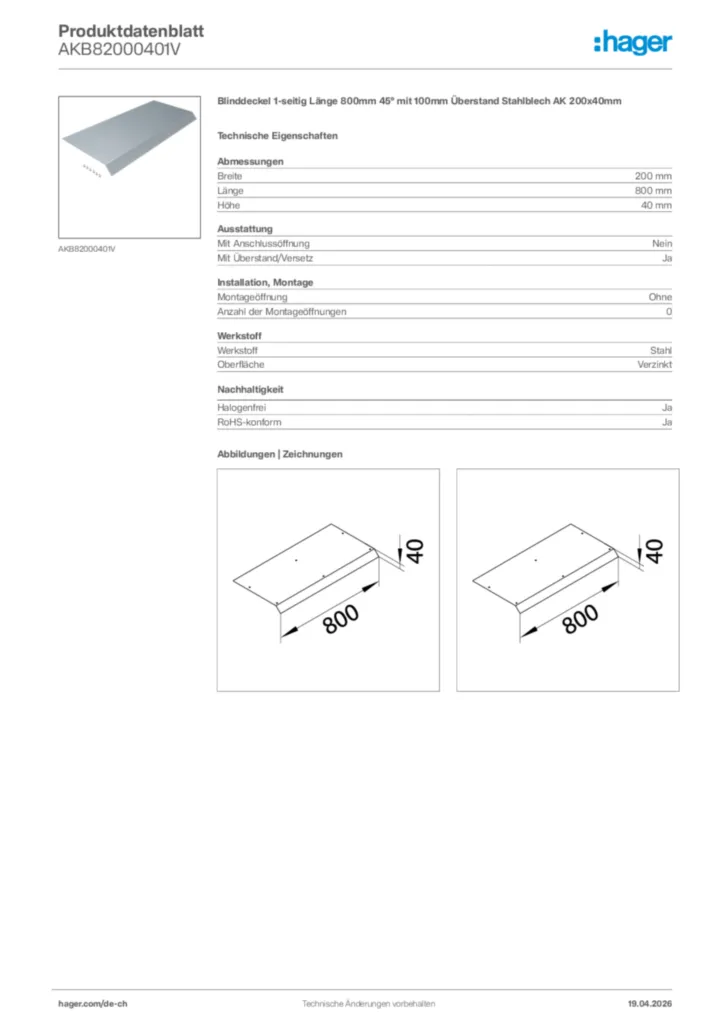 Bild Hager Produktdatenblatt AKB82000401V | Hager Schweiz