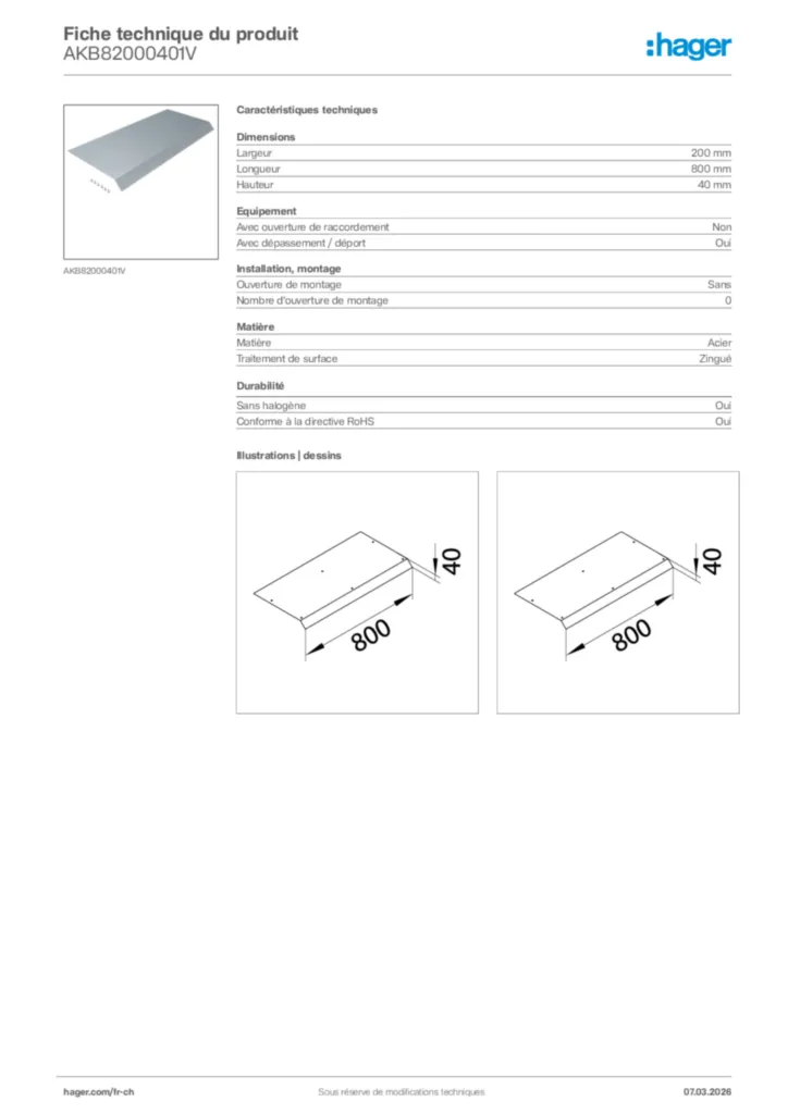 Image Hager Fiche technique du produit AKB82000401V | Hager Suisse