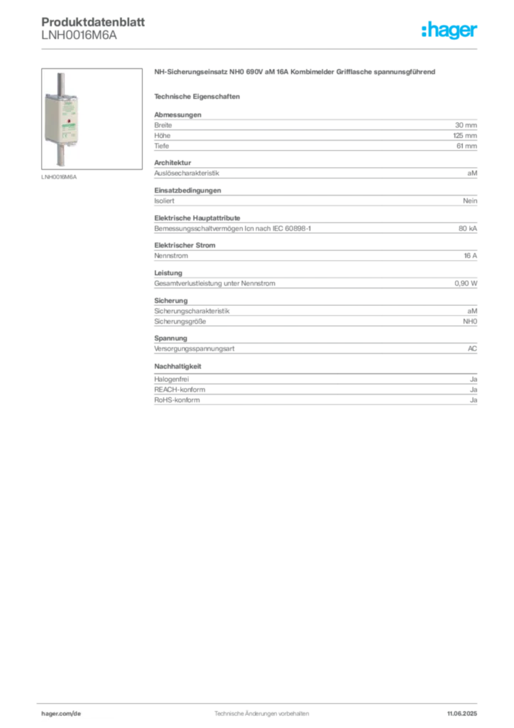 Hager Produktdatenblatt LNH0016M6A