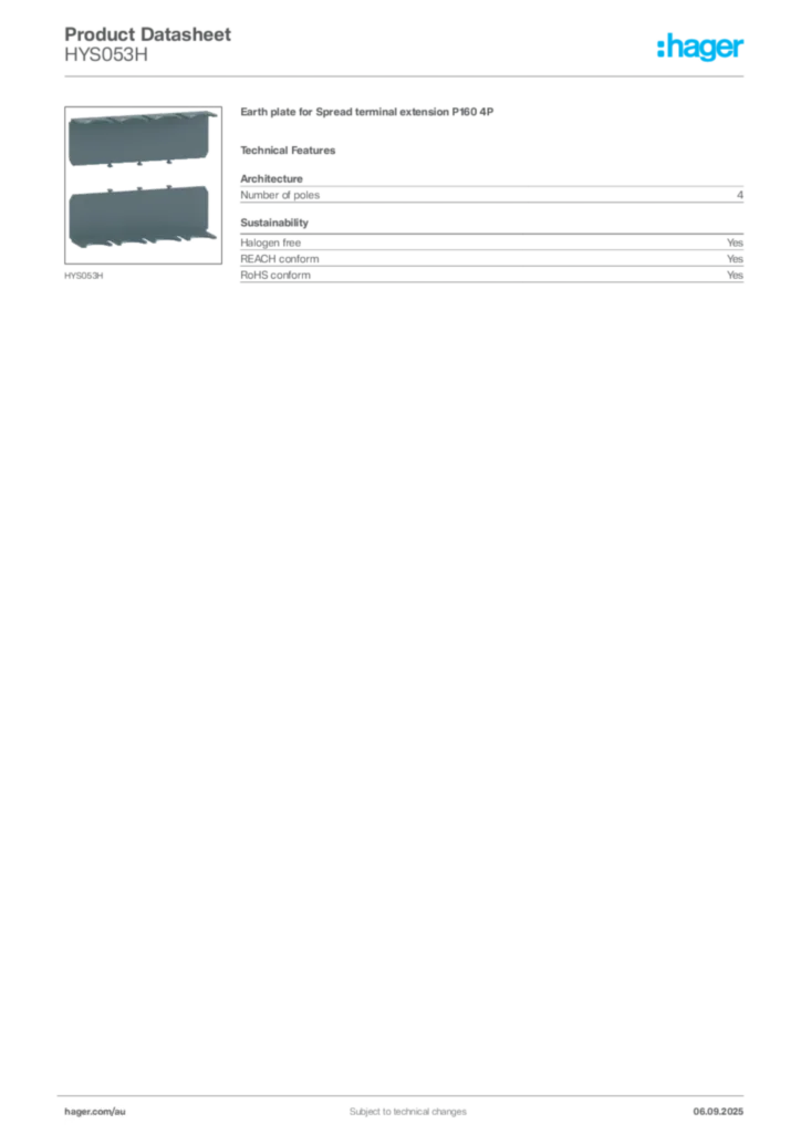 Image Hager Product data sheet HYS053H  | Hager Australia