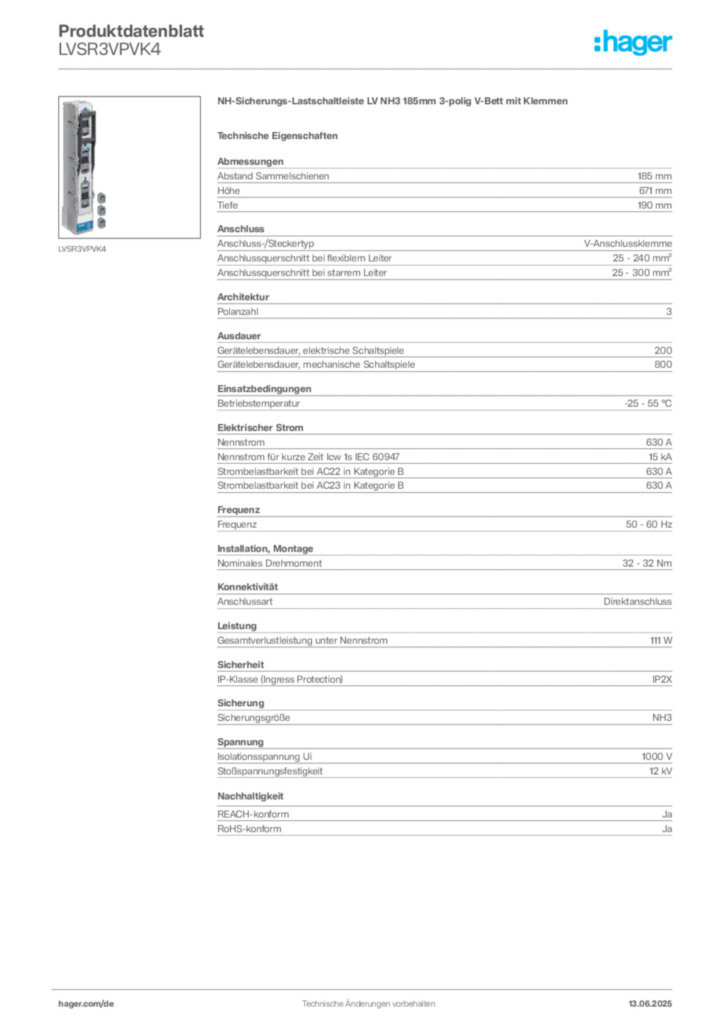 Bild Hager Produktdatenblatt LVSR3VPVK4 | Hager Deutschland