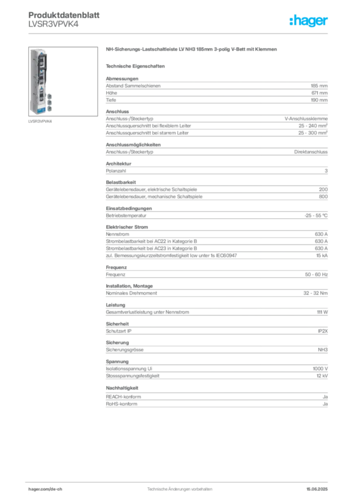 Bild Hager Produktdatenblatt LVSR3VPVK4 | Hager Schweiz