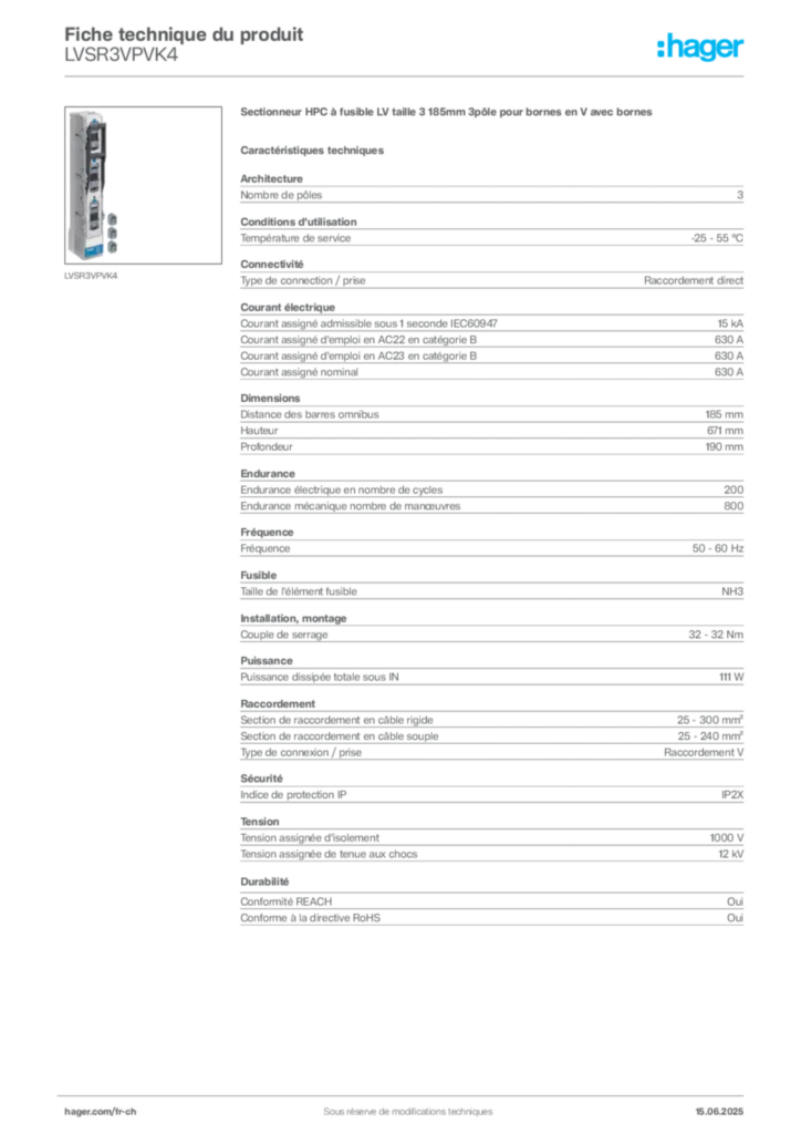 Image Hager Fiche technique du produit LVSR3VPVK4 | Hager Suisse
