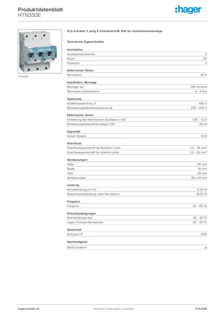 Bild Hager Produktdatenblatt HTN350E | Hager Schweiz
