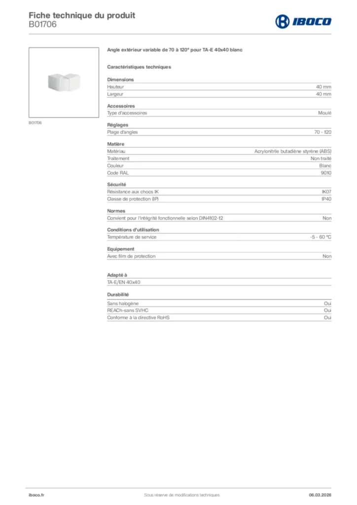 Image Iboco Fiche technique du produit B01706 | Hager France