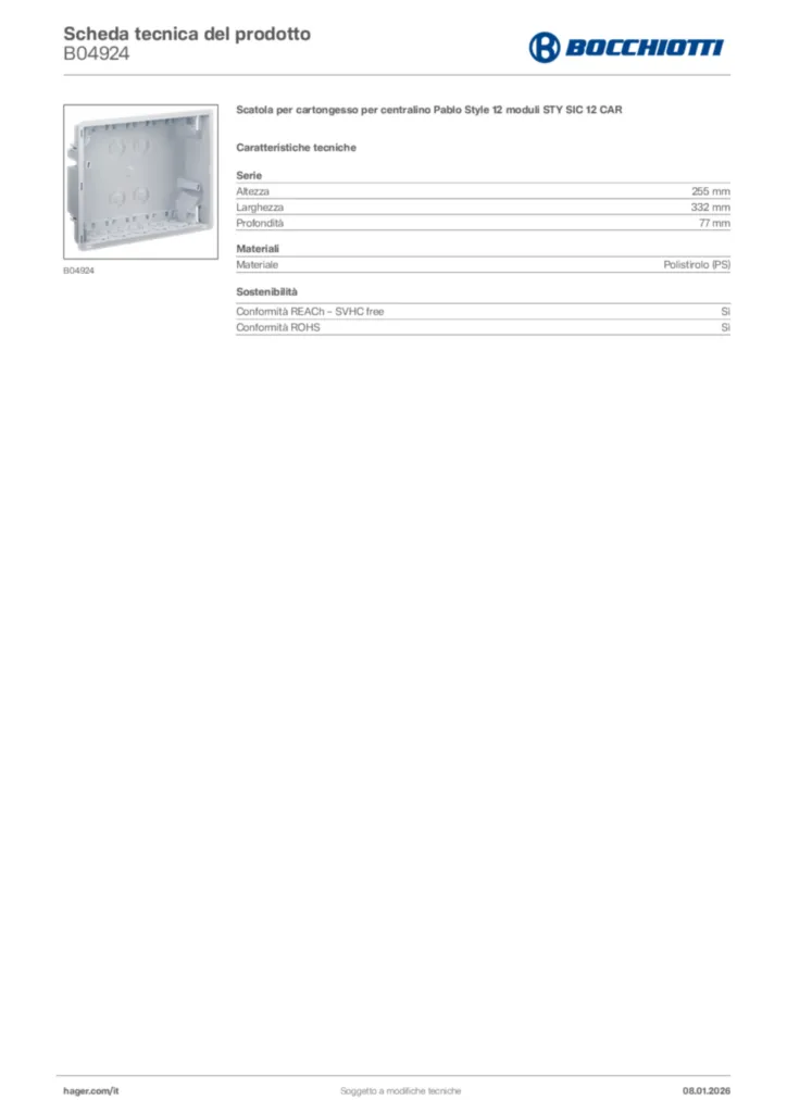 Immagine Bocchiotti Scheda tecnica del prodotto B04924 | Hager Italia