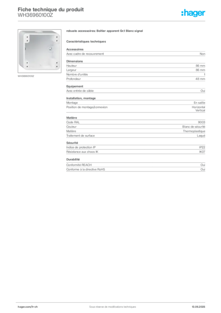 Image Hager Fiche technique du produit WH36960100Z | Hager Suisse