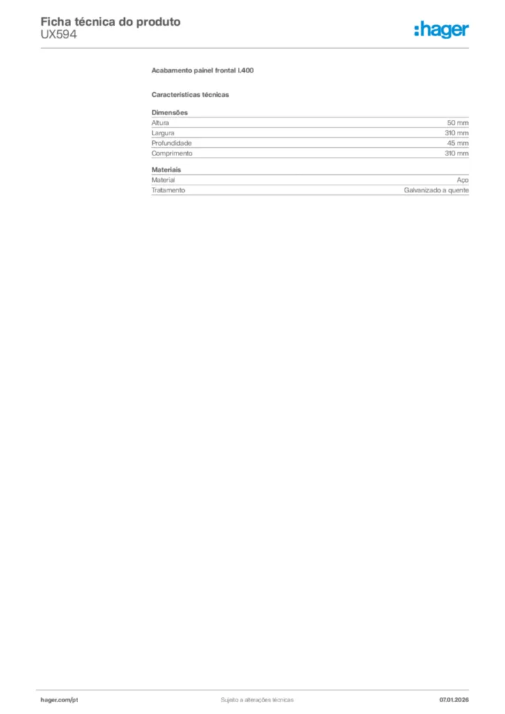 Imagem Hager Ficha técnica do produto UX594 | Hager Portugal