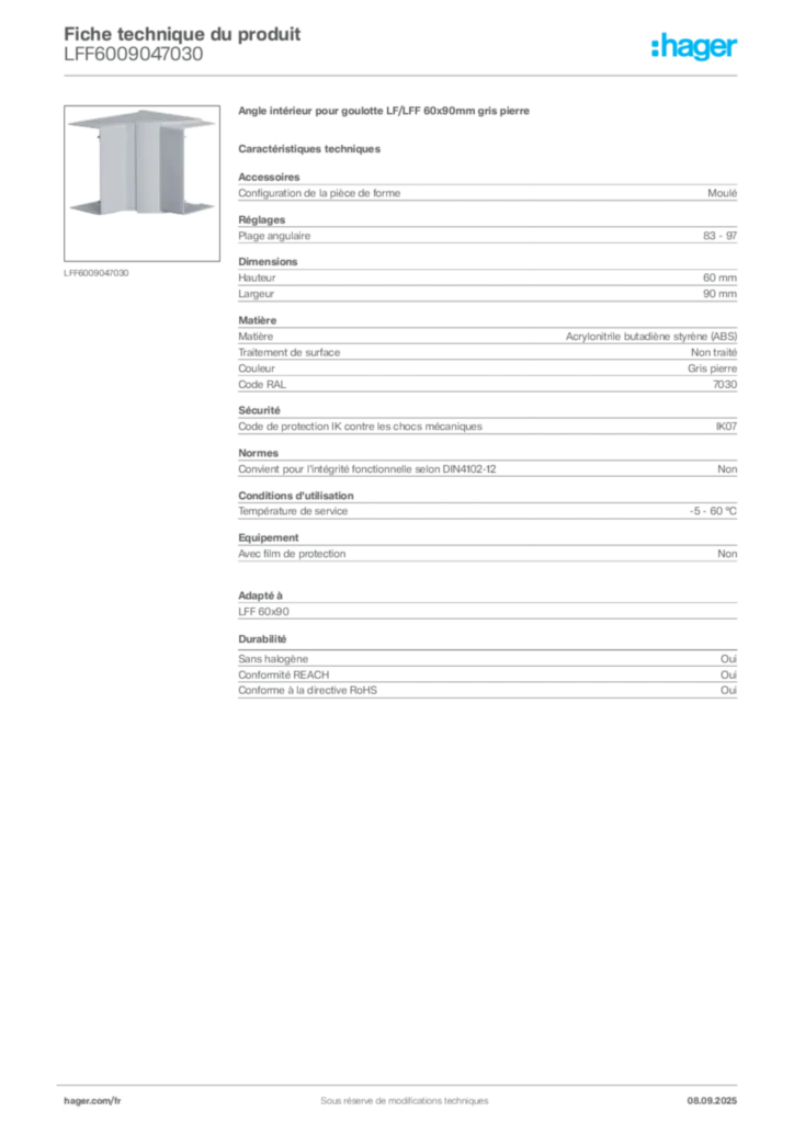 Image Hager Fiche technique du produit LFF6009047030 | Hager France