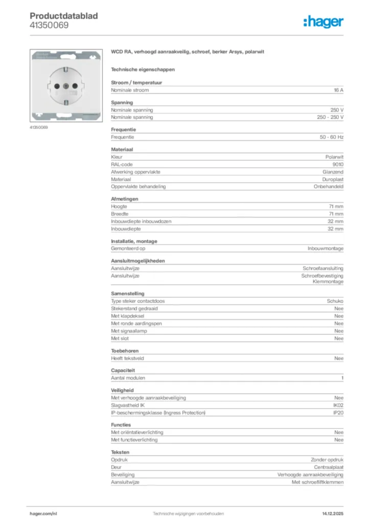 Afbeelding Hager Productdatablad 41350069 | Hager Nederland