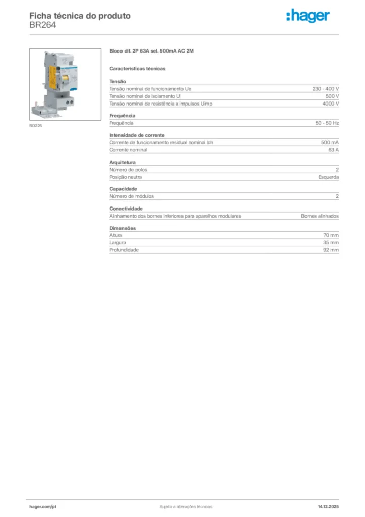 Imagem Hager Ficha técnica do produto BR264 | Hager Portugal