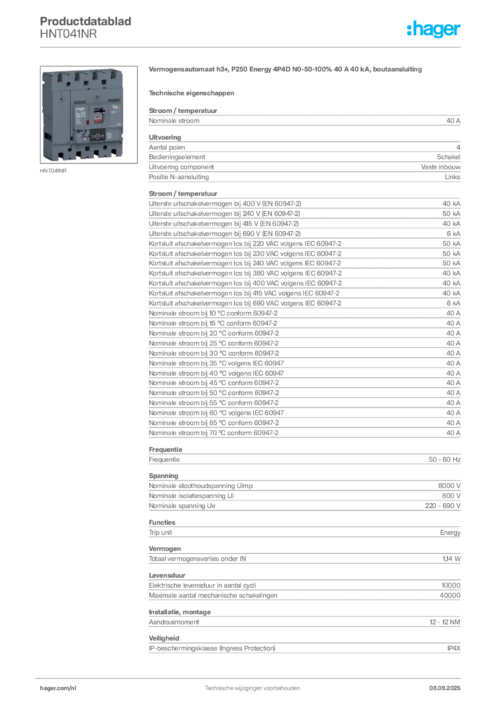 Afbeelding Hager Productdatablad HNT041NR | Hager Nederland
